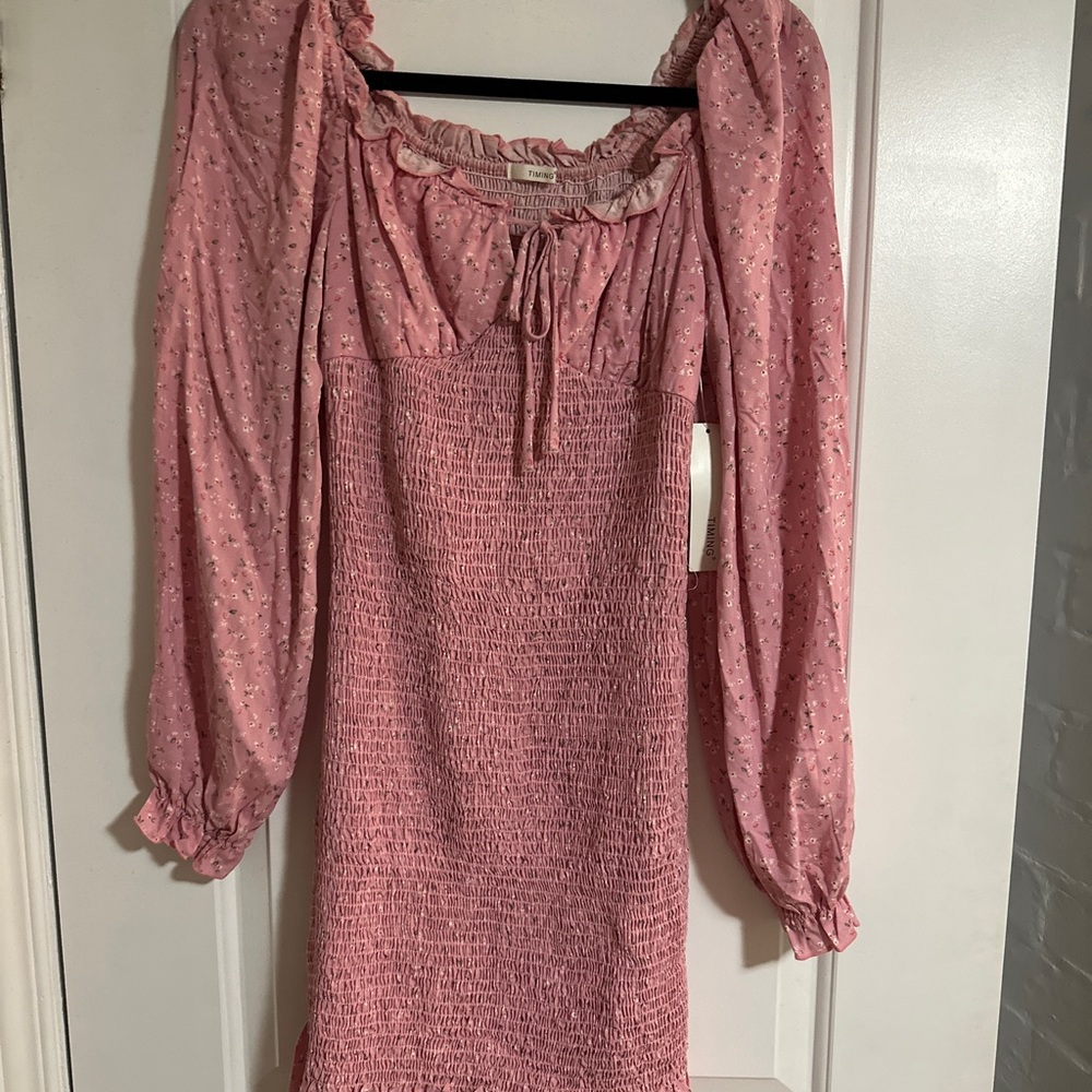Pink blush smocked long sleeve dress maternity or not
